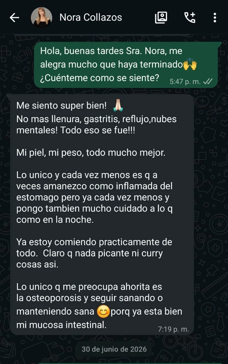 Captura de WhatsApp: una paciente cuenta que ya no tiene llenura, gastritis ni reflujo, que su piel y su peso mejoraron y que volvió a comer prácticamente de todo.