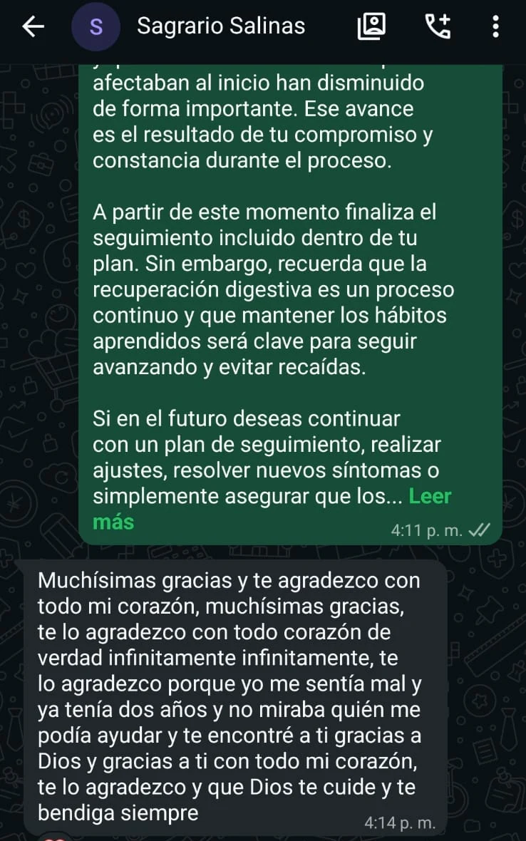 Captura de WhatsApp: al cerrar el seguimiento del plan, una paciente agradece la ayuda tras dos años buscando quién la atendiera.